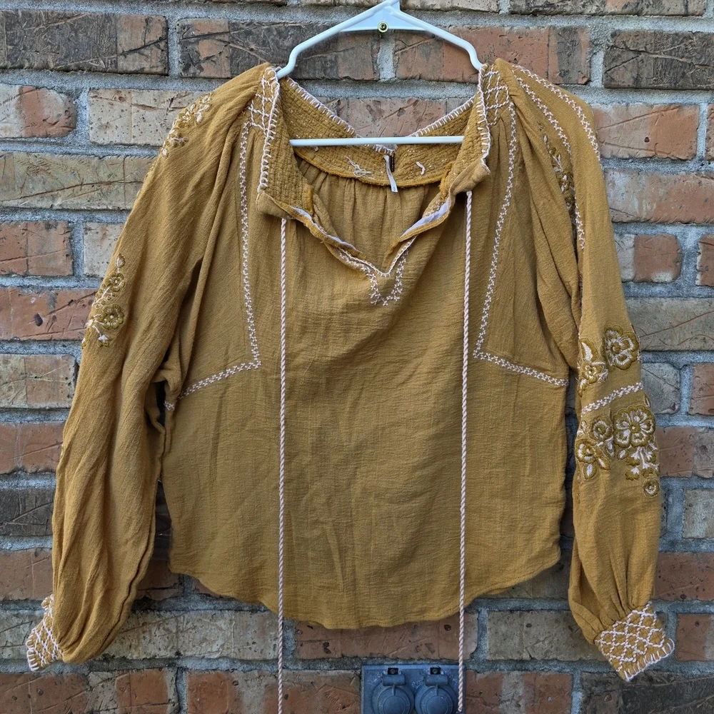Free People Mustard Embroidered Blouse